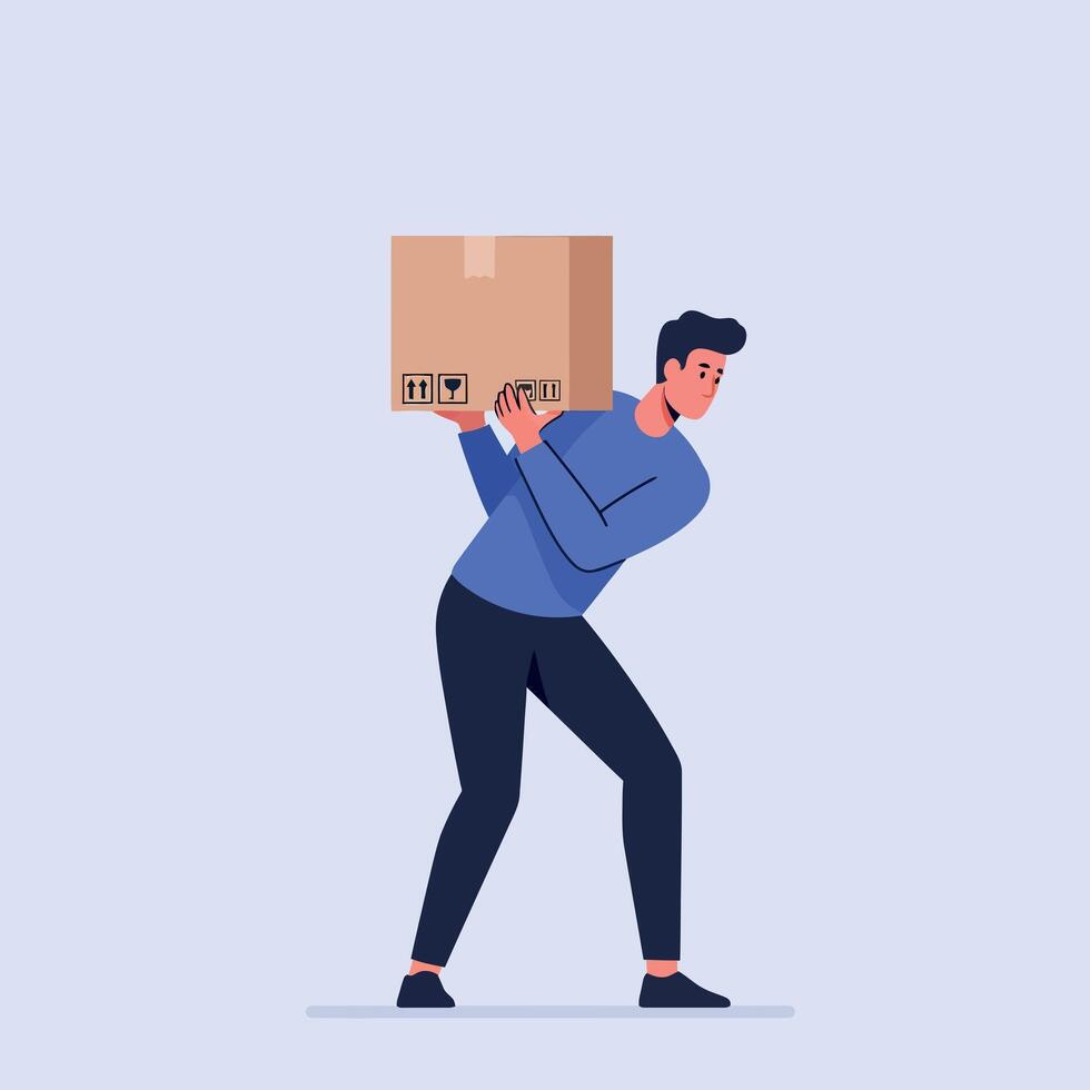 Young man carrying heavy cardboard box with caution in flat style delivery worker art vector