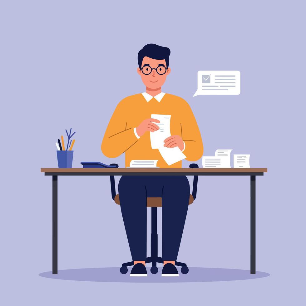 Young man wearing glasses sitting at desk organizing documents with focused expression flat design illustration vector