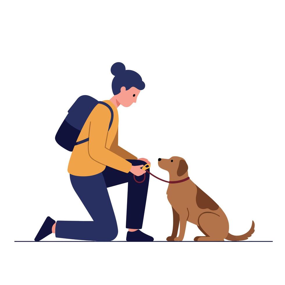 Woman with dark hair kneeling and holding leash for seated brown dog in flat minimal illustration vector