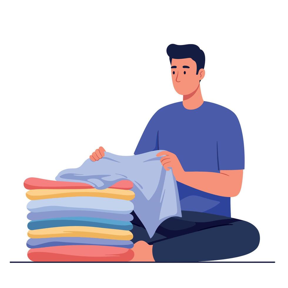 Young man folding colorful clothes sitting cross-legged indoors flat design illustration vector