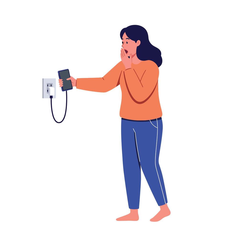 Woman in casual clothes holding smartphone near charger with surprised expression flat style illustration vector