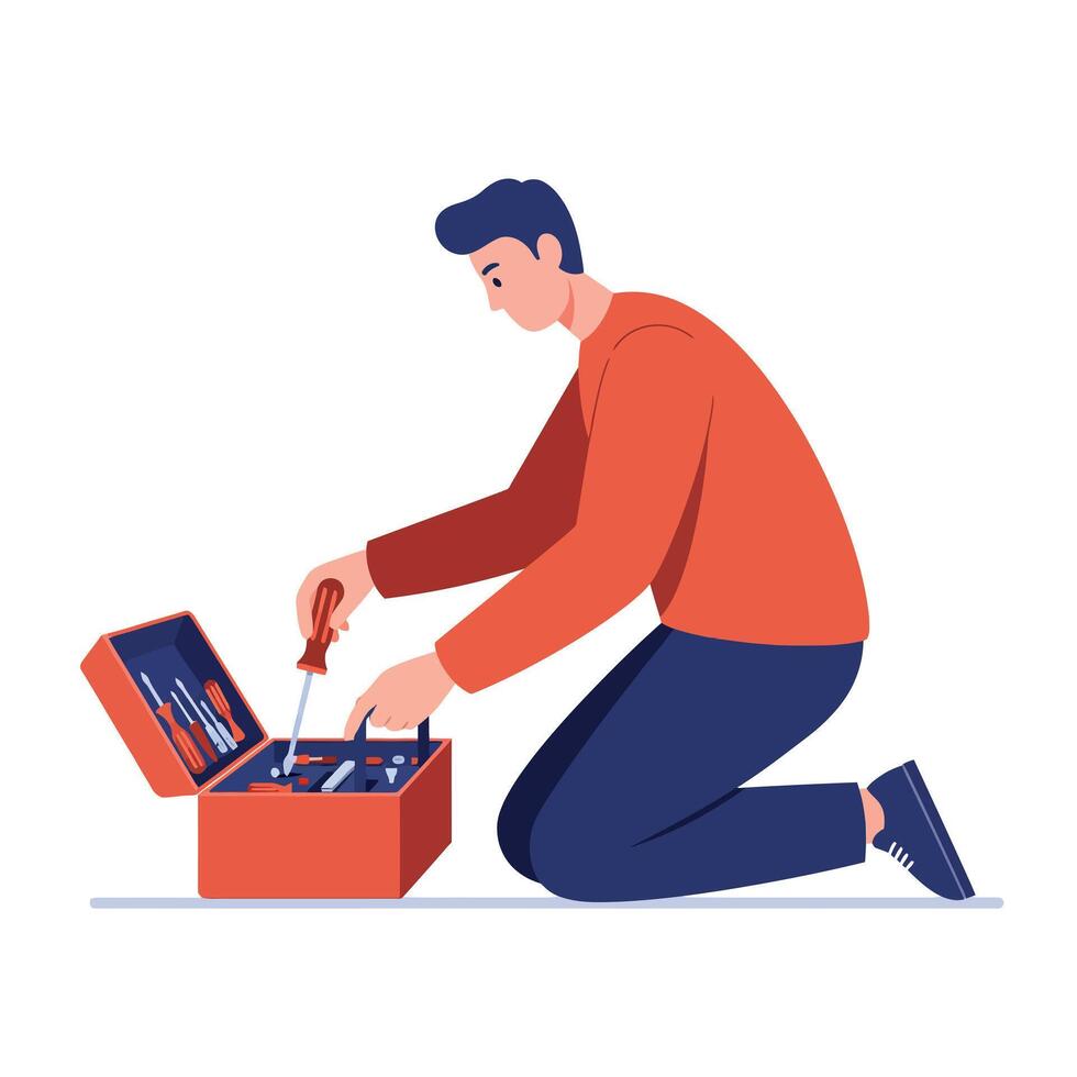 Young man kneeling using screwdriver from open toolbox in flat minimal style illustration vector