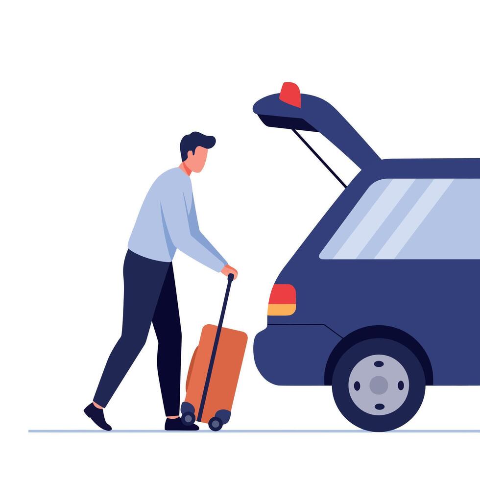Man with orange suitcase loading car trunk in minimal flat design style illustration vector