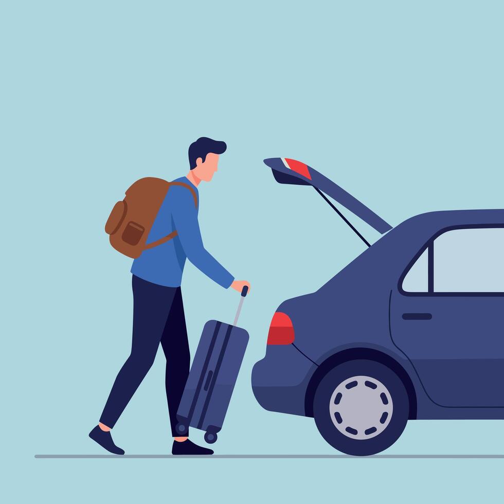 Young man with backpack and suitcase loading luggage into car trunk in flat design travel illustration vector