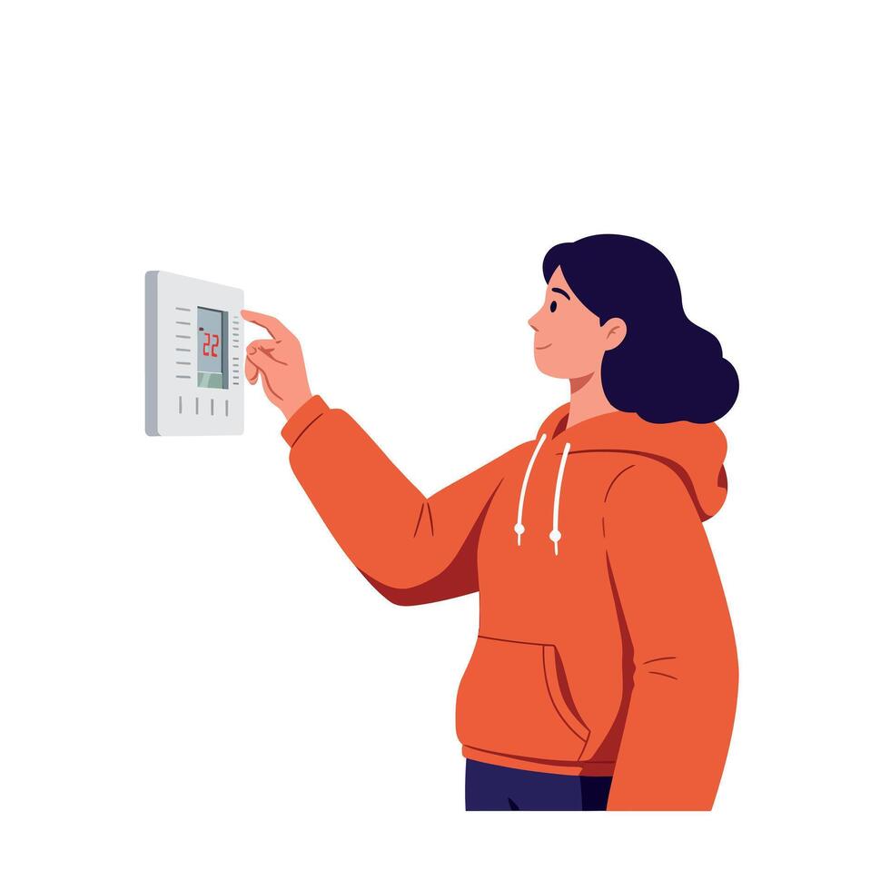 Young woman adjusting modern digital thermostat with focused expression in casual outfit flat design illustration vector