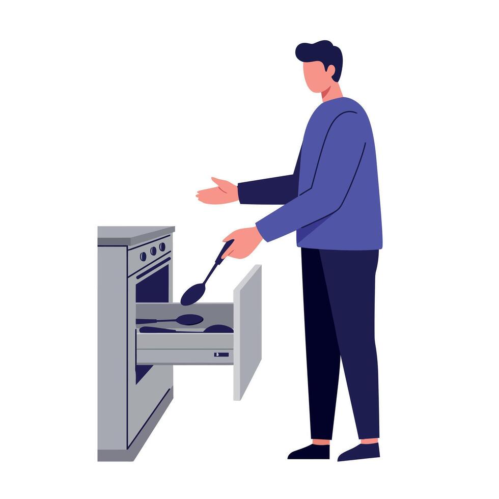 Man cooking with spatula by open oven in flat style minimal kitchen scene illustration vector