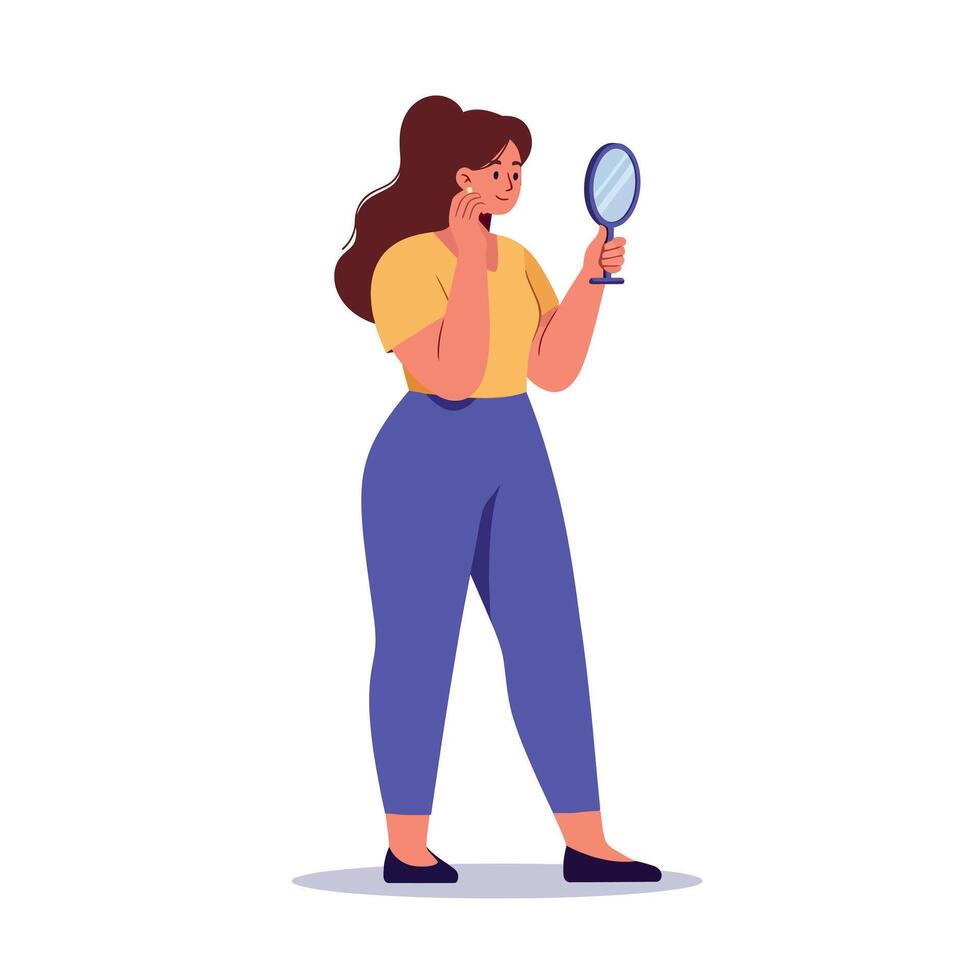 Young woman examining skin on face with handheld mirror in flat minimal style illustration vector