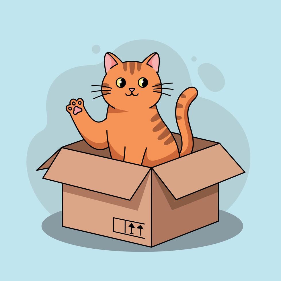 Orange tabby cat sitting inside cardboard box waving paw with cute expression flat colorful illustration vector