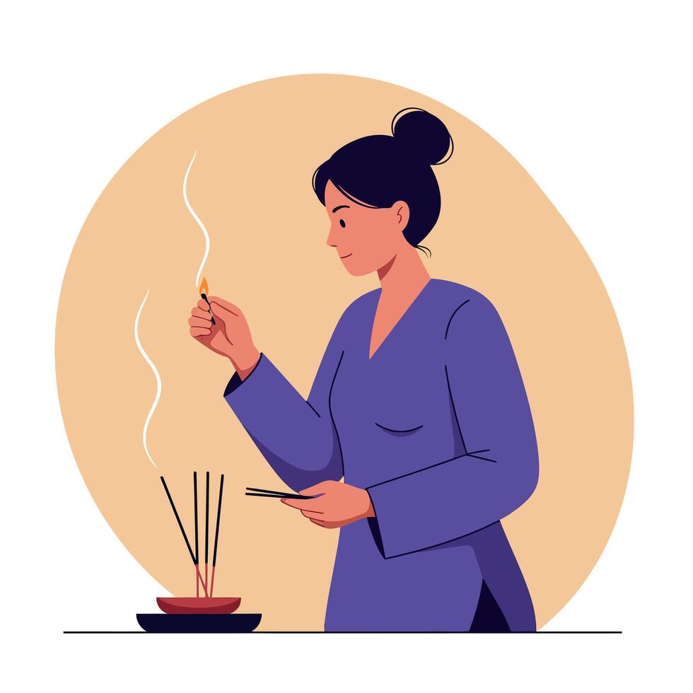 Woman lighting incense sticks with focused expression in minimal flat style illustration vector