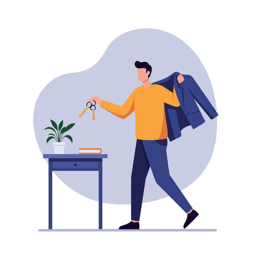 Young man holding keys and jacket standing near table with plant and book flat modern art vector
