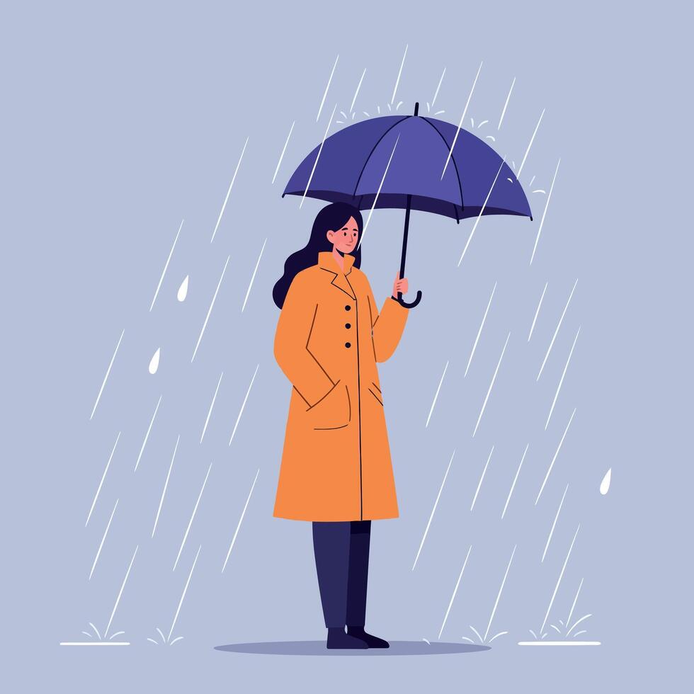 Woman in orange coat holding purple umbrella standing in rain with calm expression flat style illustration vector