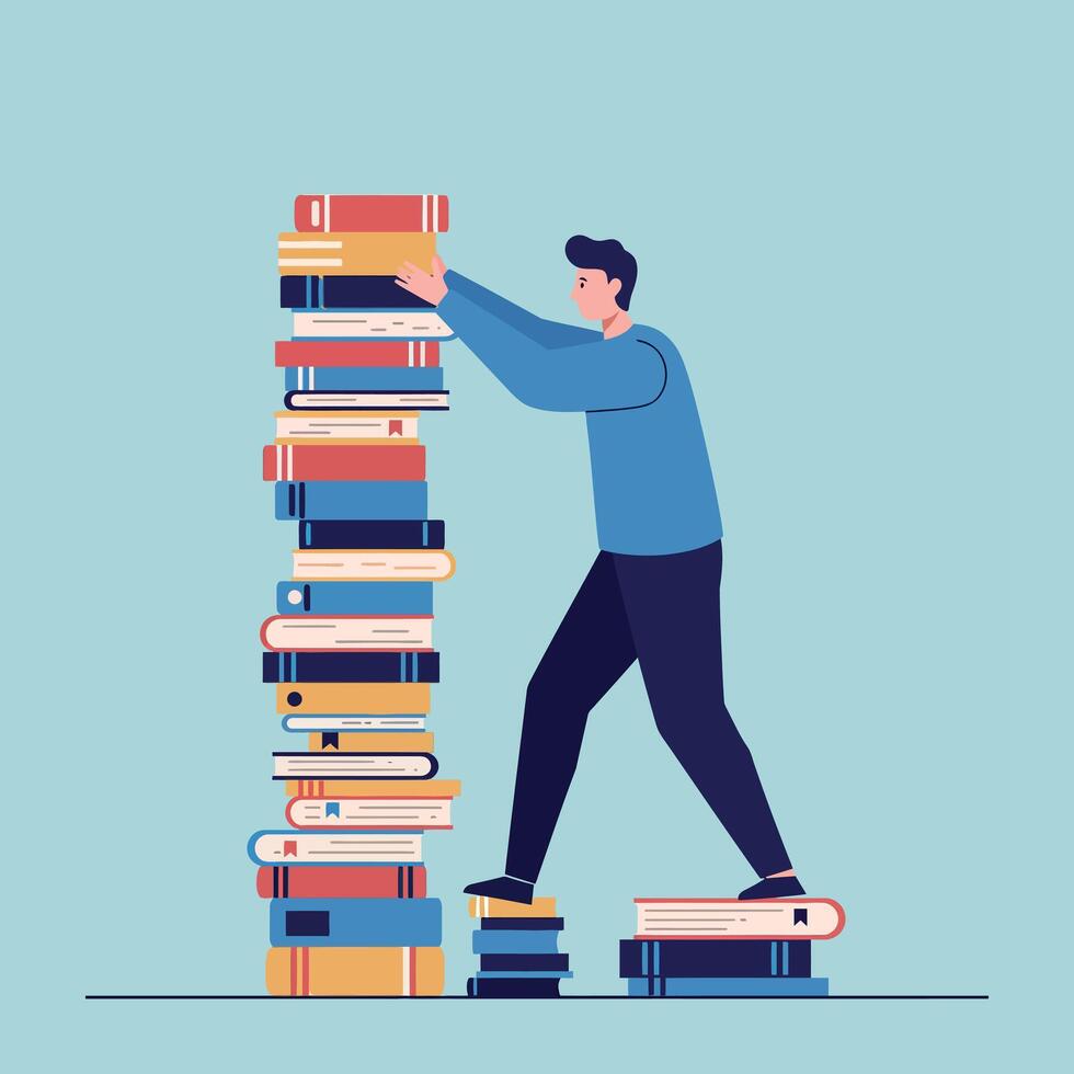 Young man stacking tall pile of colorful books in minimal flat design illustration vector