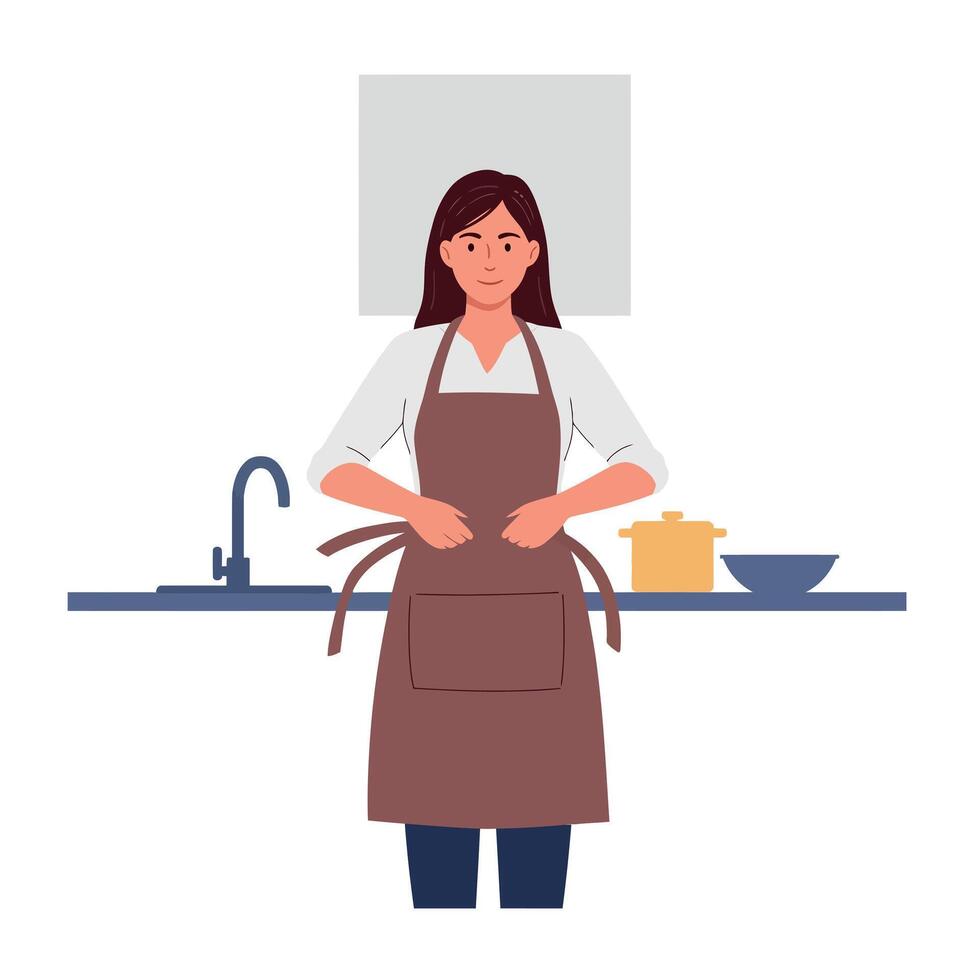 Woman wearing brown apron standing in kitchen preparing to cook minimal flat illustration vector