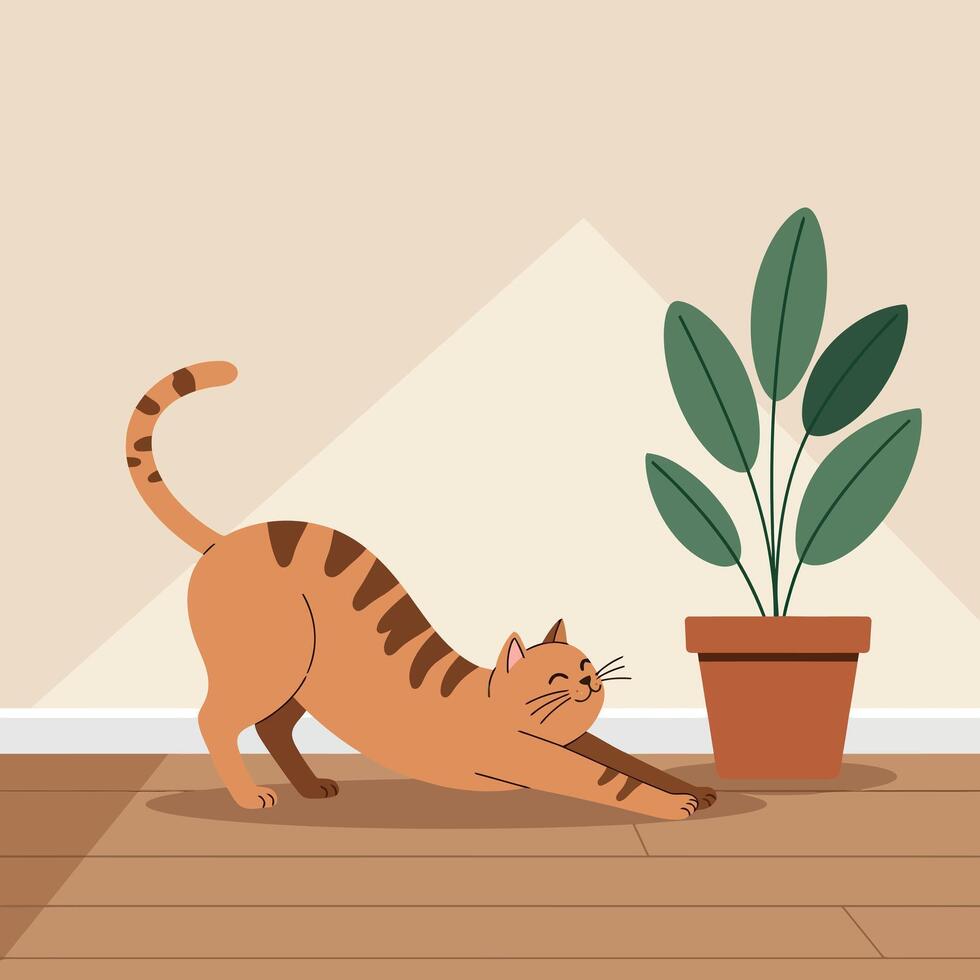 Orange tabby cat stretching beside potted green plant in minimal flat style illustration vector