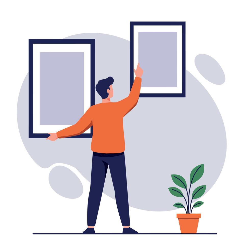 Man arranging picture frames on wall with indoor plant in flat design minimal illustration vector