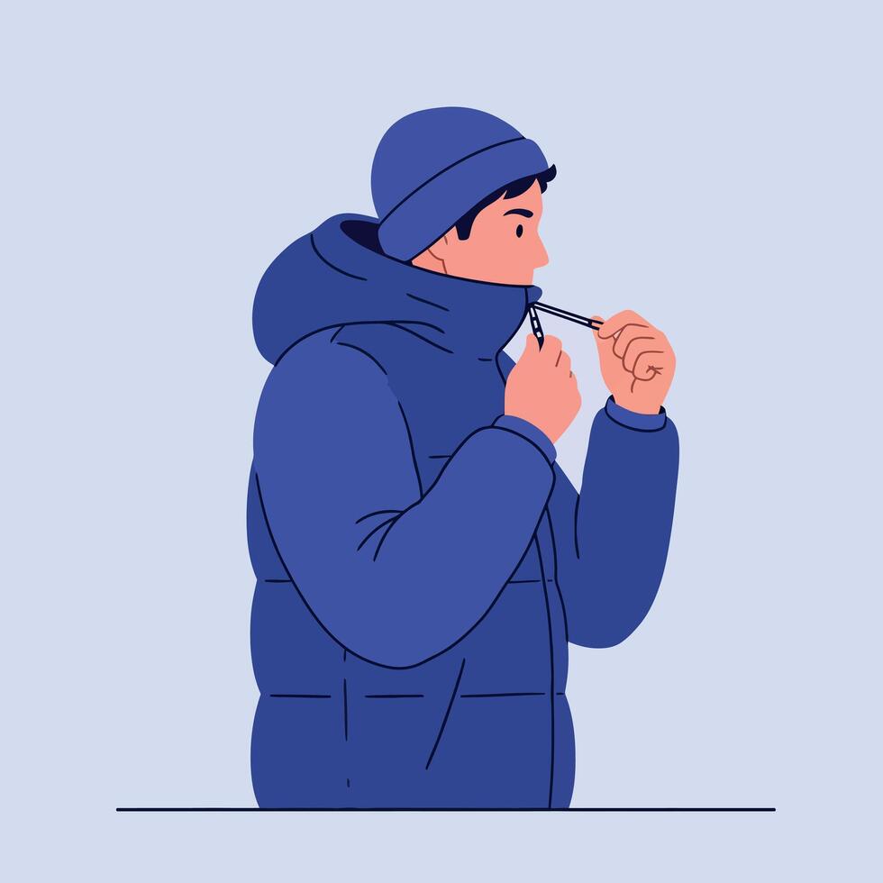Young man in blue winter jacket and beanie zipping up coat flat style illustration vector