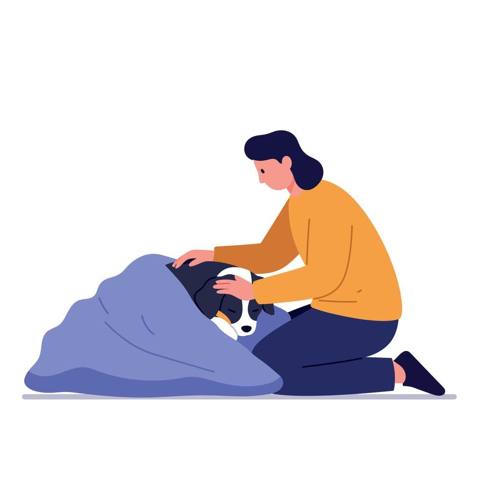 Woman comforting a sad dog wrapped in blanket in flat minimal style illustration vector