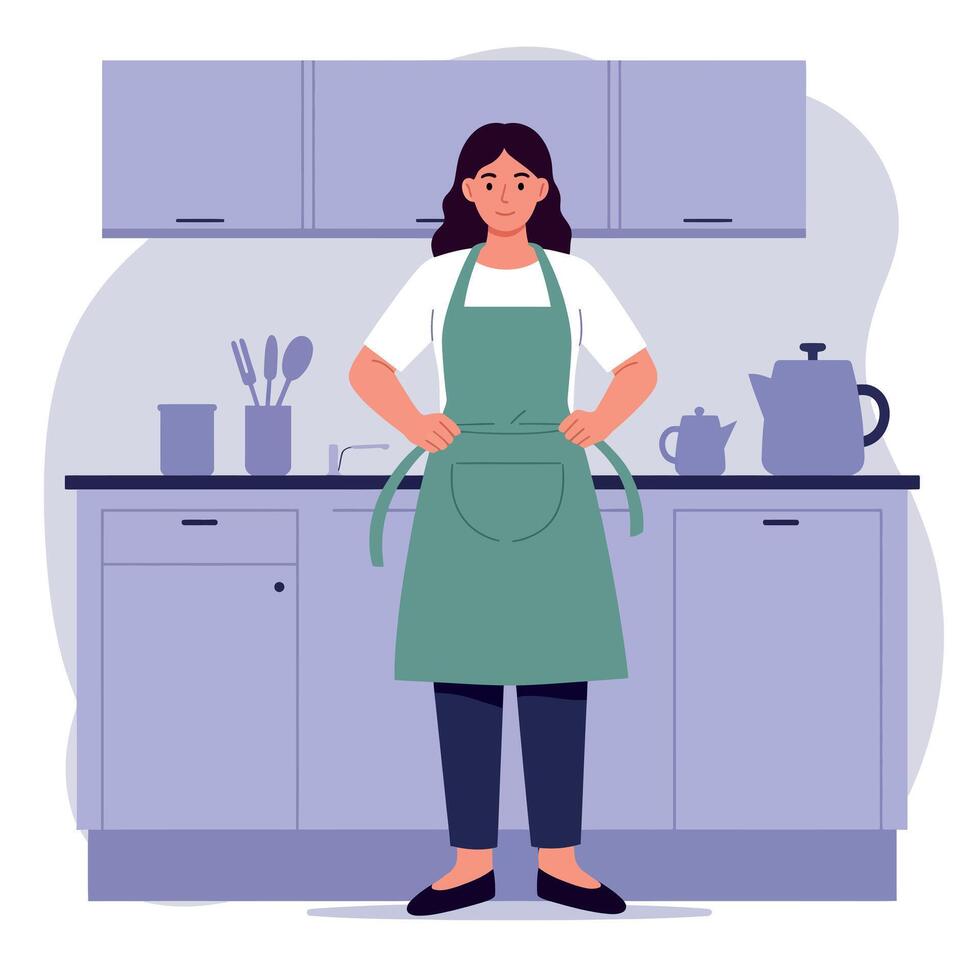 Woman standing confidently in kitchen wearing green apron flat design digital art illustration vector