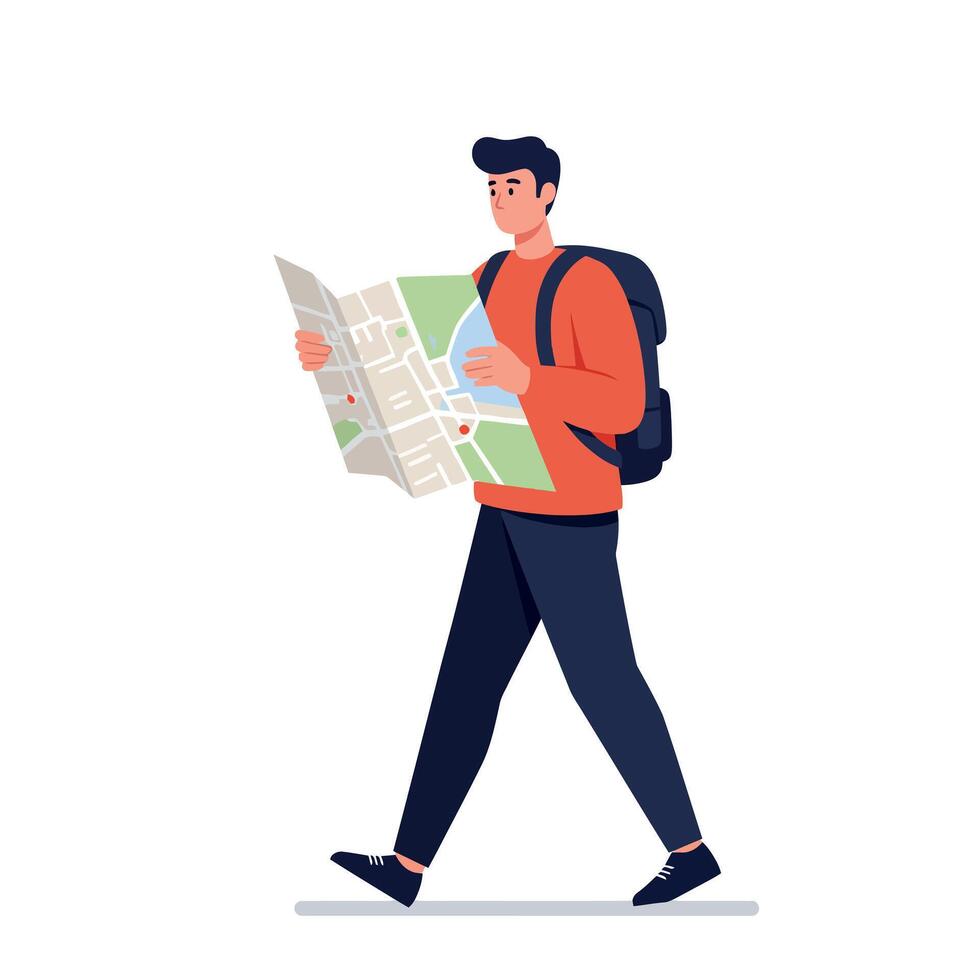 Young male traveler with backpack walking and reading map in minimal flat design illustration vector