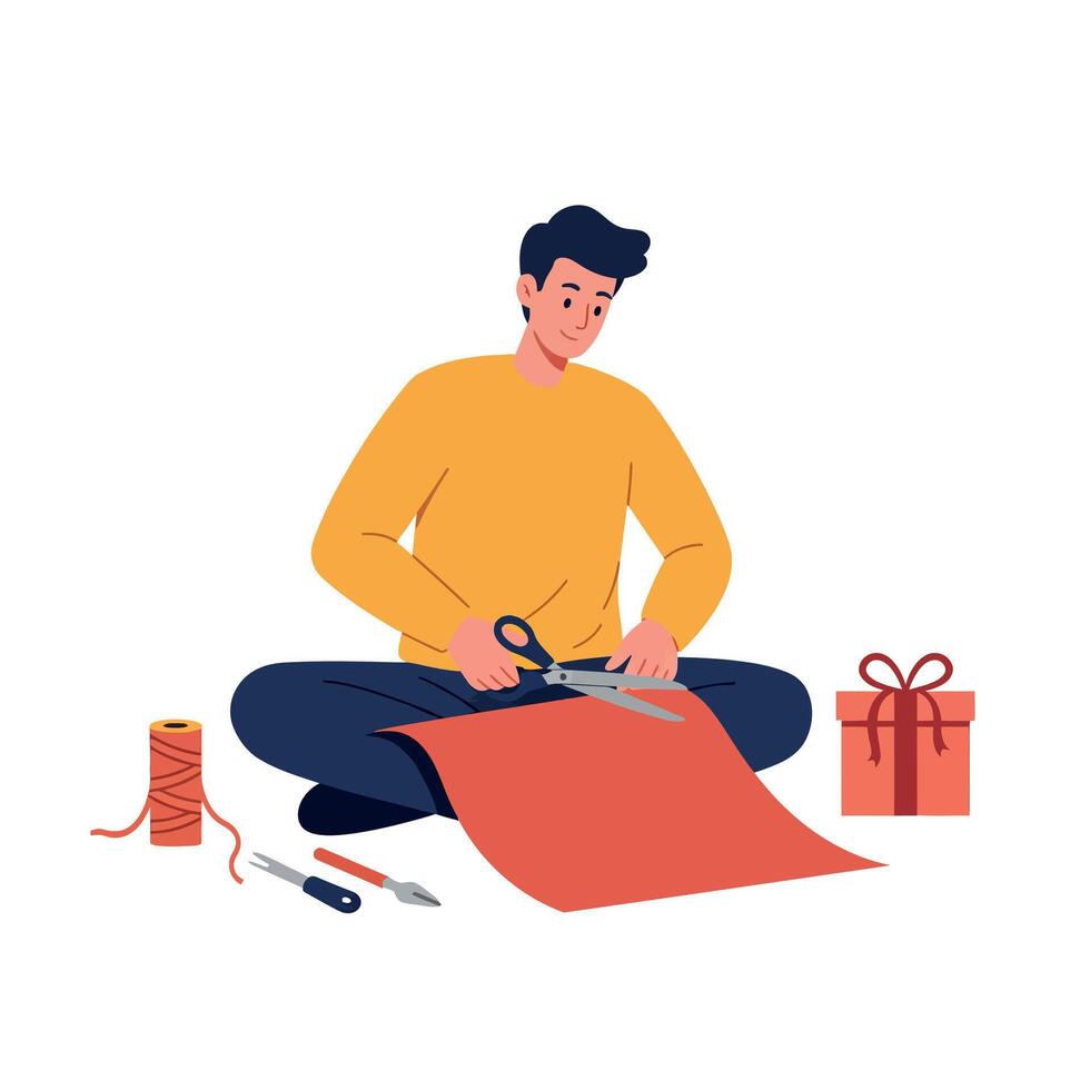 Young man sitting cross-legged cutting red fabric with scissors flat design craft activity illustration vector