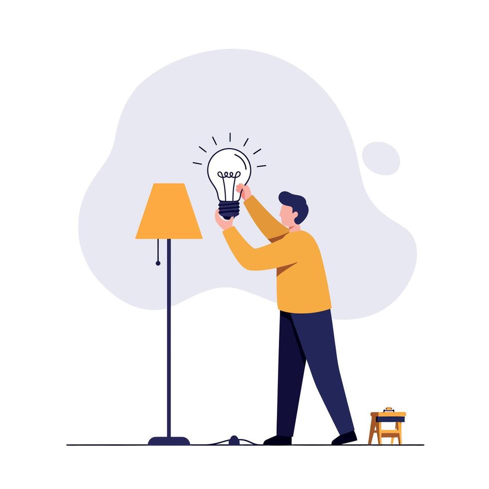 Man in casual clothes holding glowing light bulb near modern floor lamp flat minimal illustration vector
