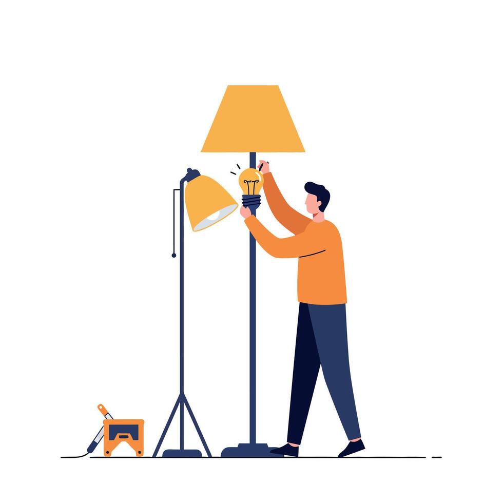 Man changing light bulb on standing lamp with floor lamp and power supply in flat design illustration vector