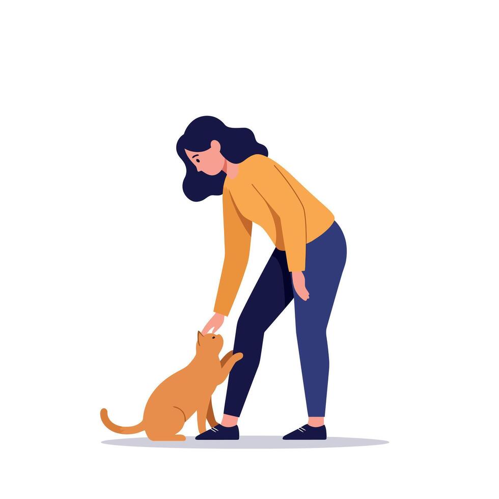 Woman petting orange cat with affection in minimal flat style illustration vector