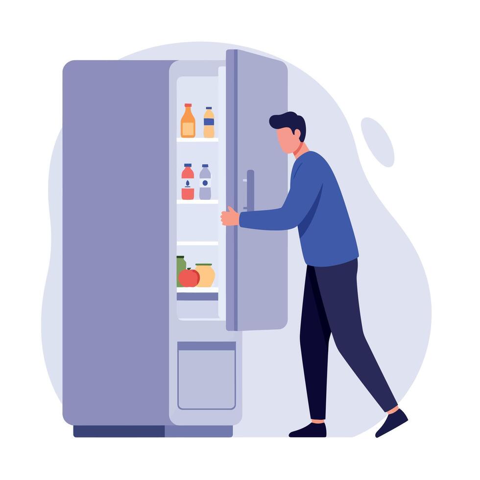Man in casual clothes opening refrigerator door with visible food and drink items flat minimal illustration vector
