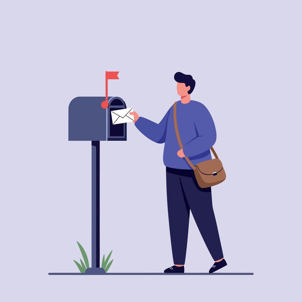 Young man in casual outfit posting letter into mailbox with red flag raised flat design illustration vector