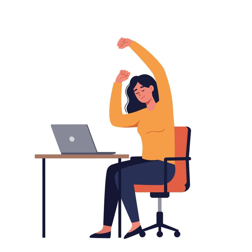 Woman stretching arms while sitting on office chair working at desk with laptop flat design illustration vector