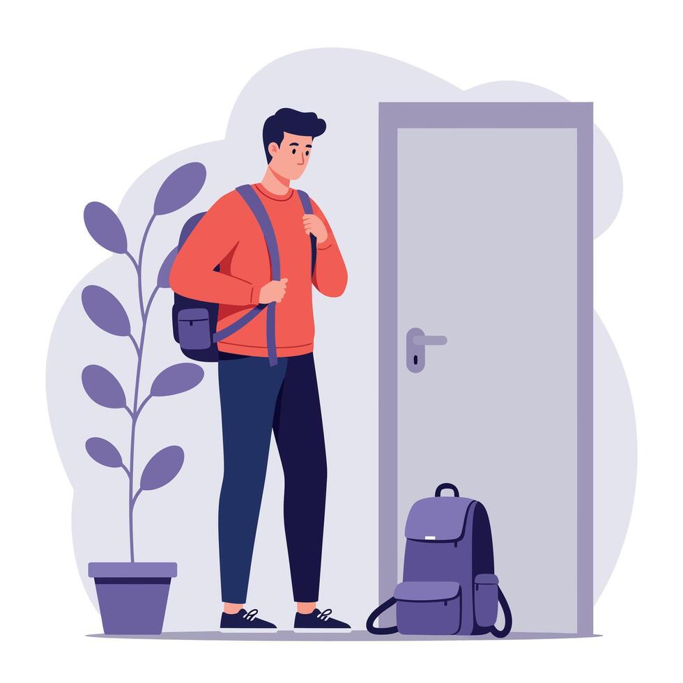 Young man standing near closed door with backpack in casual clothes minimal flat illustration vector