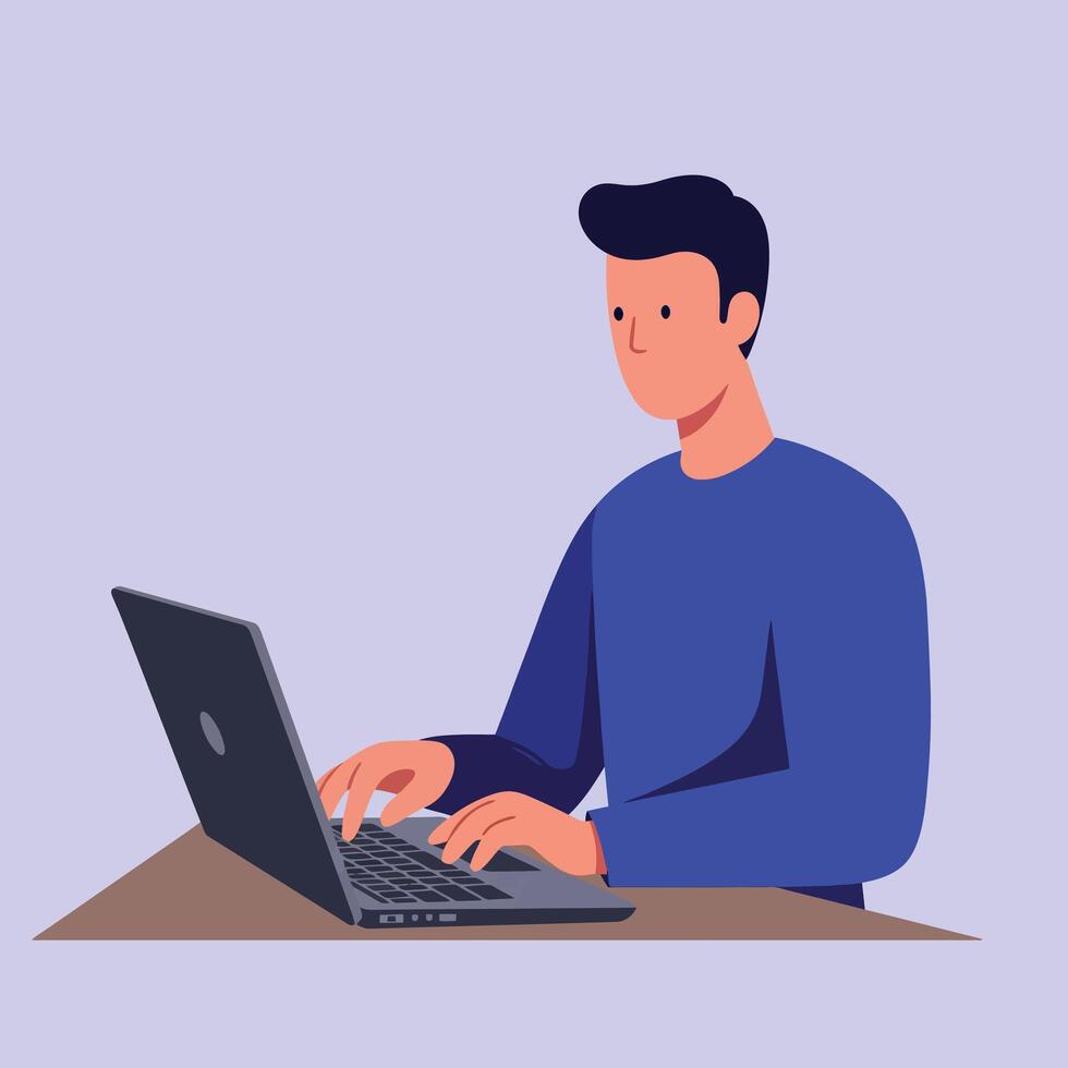 Young man working on laptop with focused expression in minimal flat design illustration vector