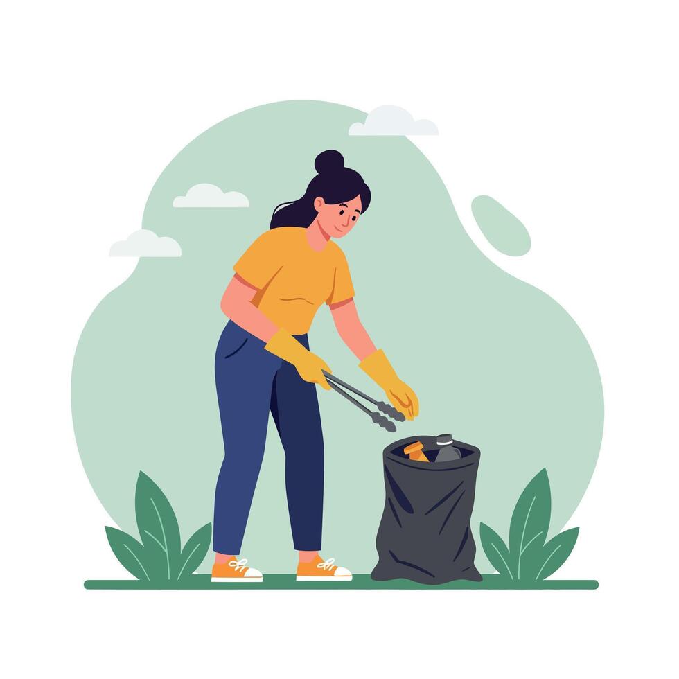 Woman wearing gloves picking up trash with tongs in outdoor environment flat design illustration vector