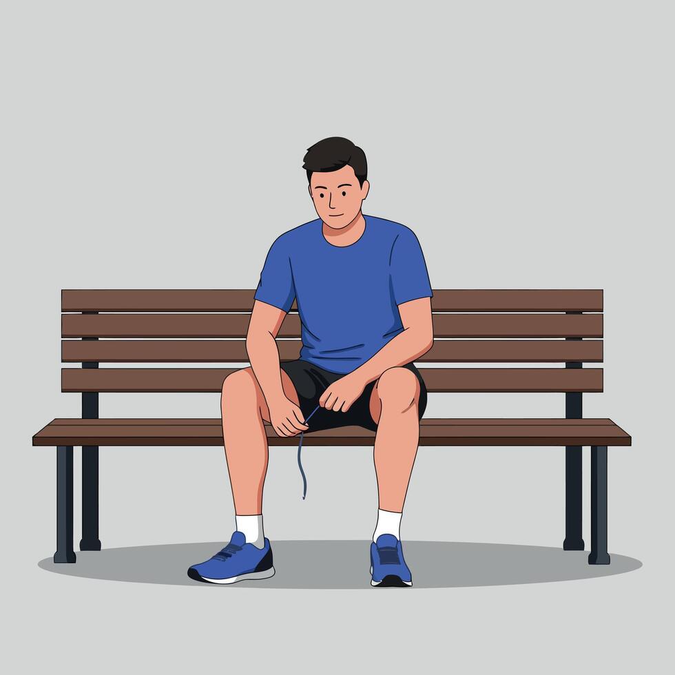 Young man sitting on wooden bench wearing blue shirt and sneakers casual pose minimal illustration vector