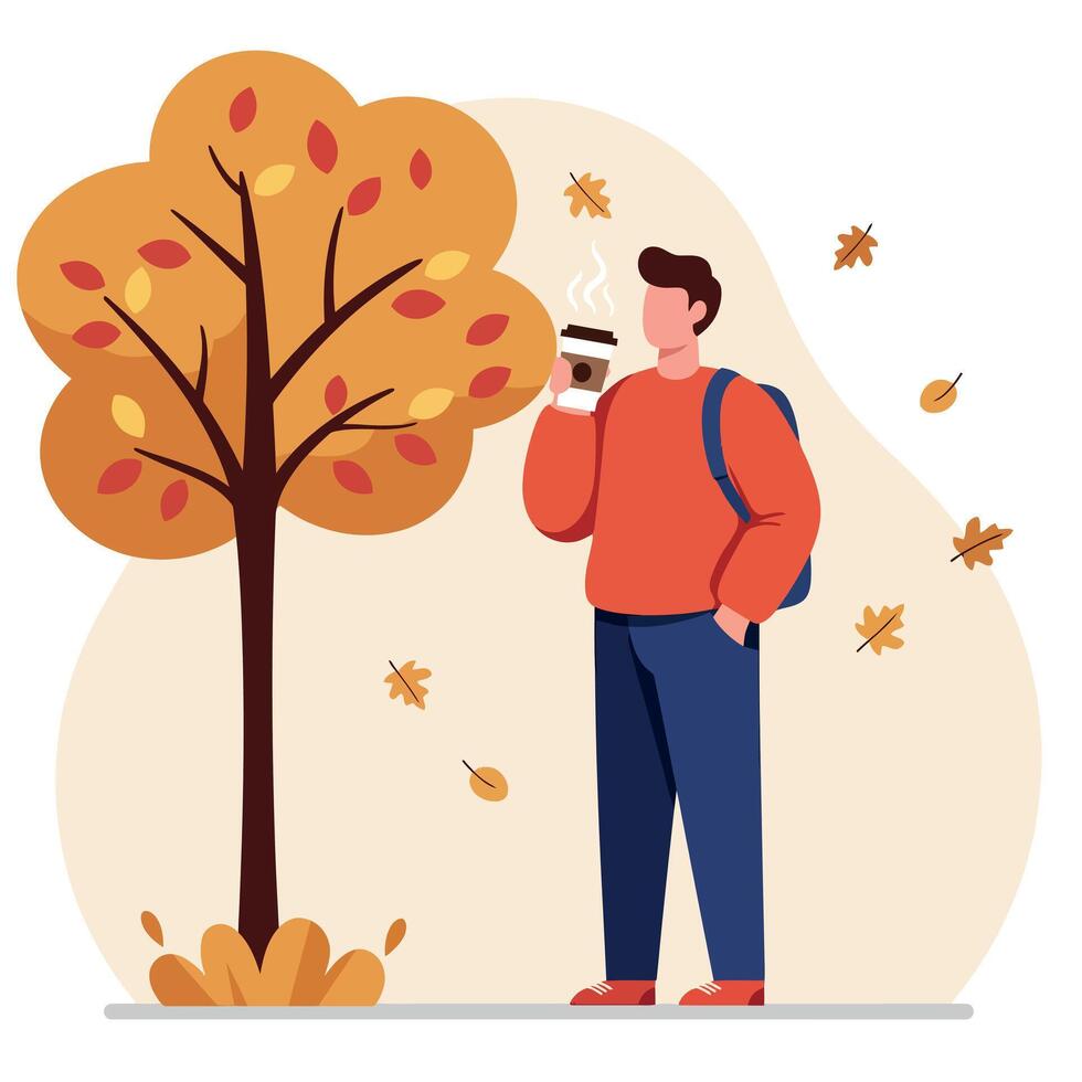 Young man wearing casual autumn clothes drinking hot coffee near colorful fall tree with orange leaves minimal flat illustration vector