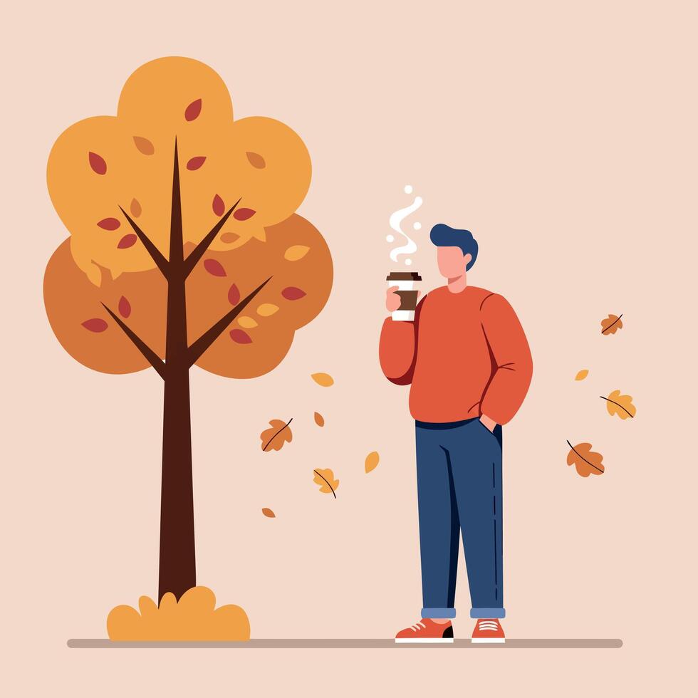 Man wearing casual clothes drinking hot coffee near autumn tree with falling leaves flat style illustration vector