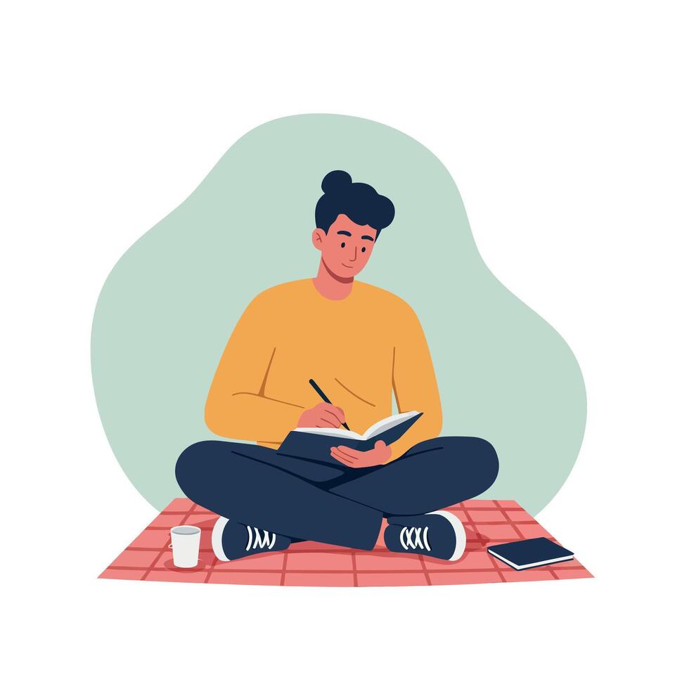 Young man sitting cross-legged on checkered blanket writing in notebook with cup and tablet nearby flat style illustration vector