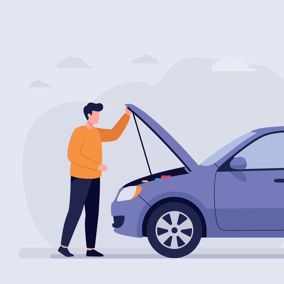 Man in orange sweater inspecting open hood of purple car in flat minimal illustration vector