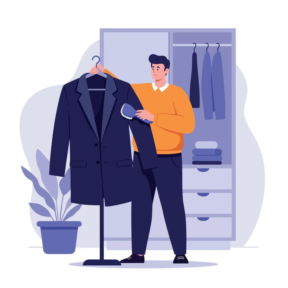 Man steaming dark suit jacket in modern room with wardrobe flat minimal illustration vector