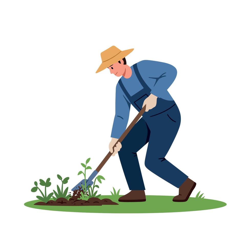 Male gardener in blue overalls and straw hat cultivating young plants in soil with hoe flat design illustration vector