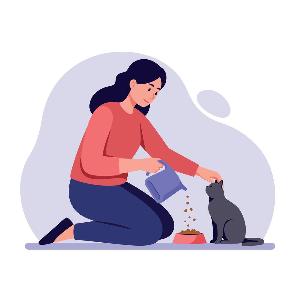 Woman feeding a sitting grey cat with dry food bowl in flat minimal style illustration vector