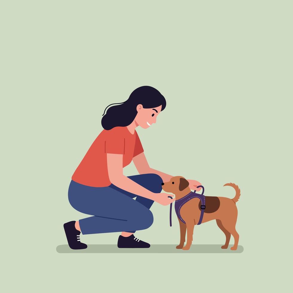 Woman kneeling and petting small brown dog in harness with flat modern minimal design illustration vector