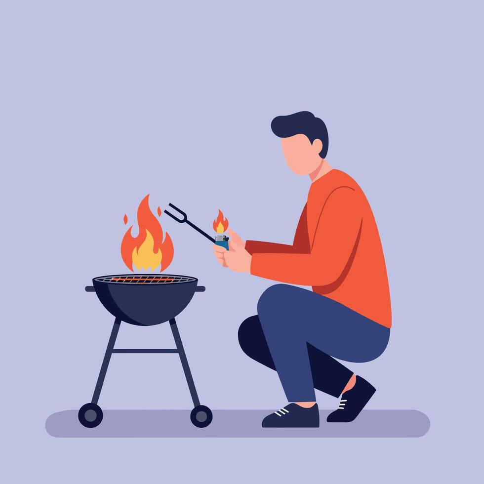 Man in orange sweater grilling food on charcoal barbecue with flames in flat minimalist style illustration vector
