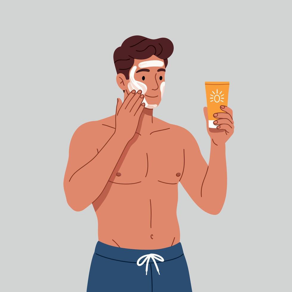Shirtless man applying sunscreen lotion on face with blue shorts in flat style illustration vector