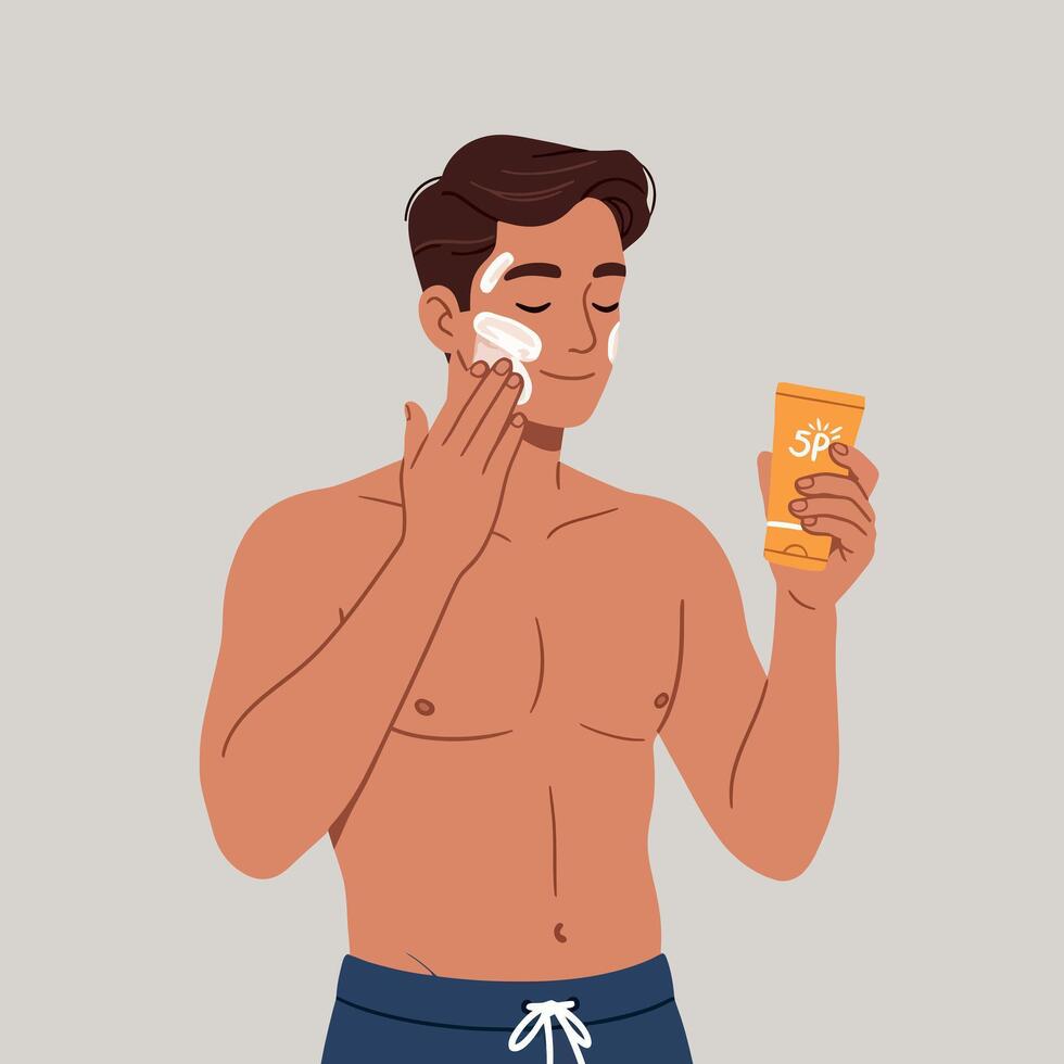 Shirtless young man applying sunscreen lotion to face in flat minimal style illustration vector