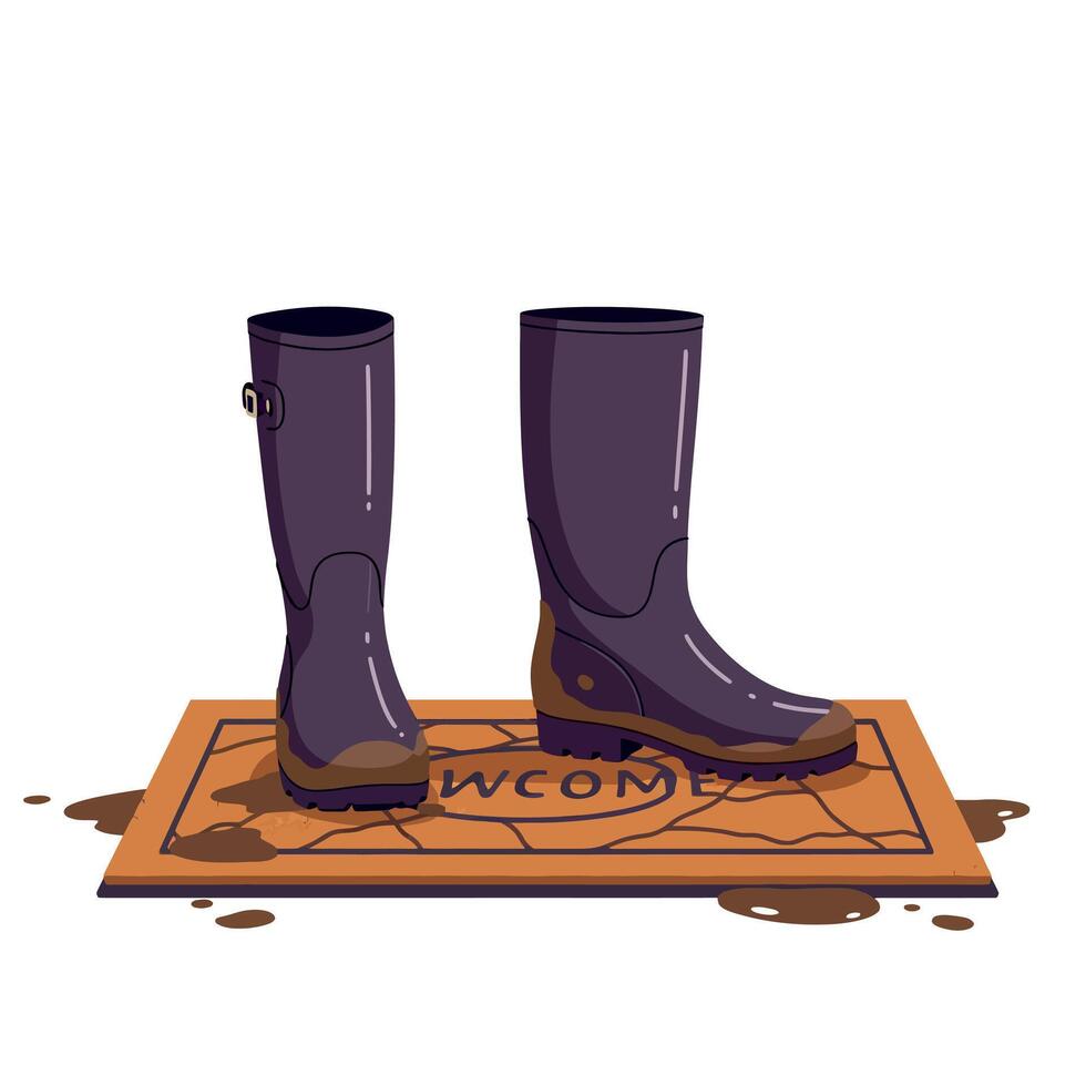 Pair of dark purple rain boots standing on a brown welcome mat with mud splatters flat style illustration vector