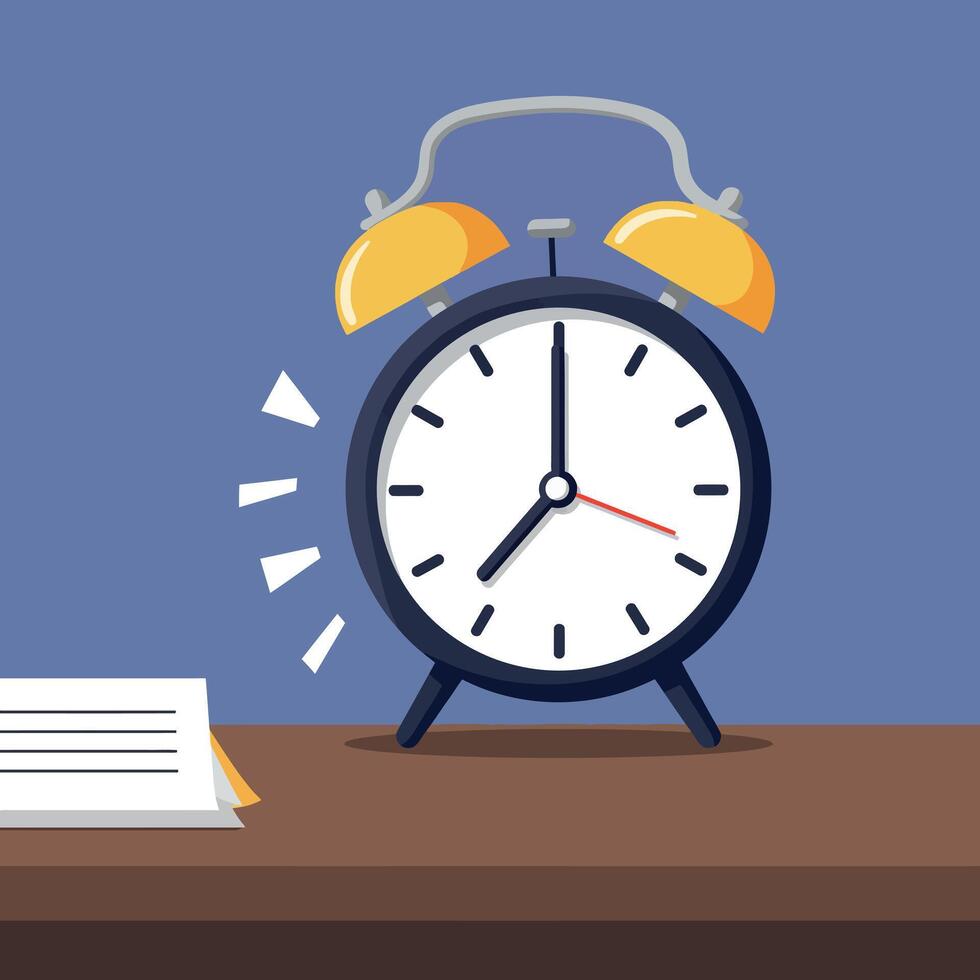 Classic round alarm clock with yellow bells ringing on wooden surface in flat design style illustration vector