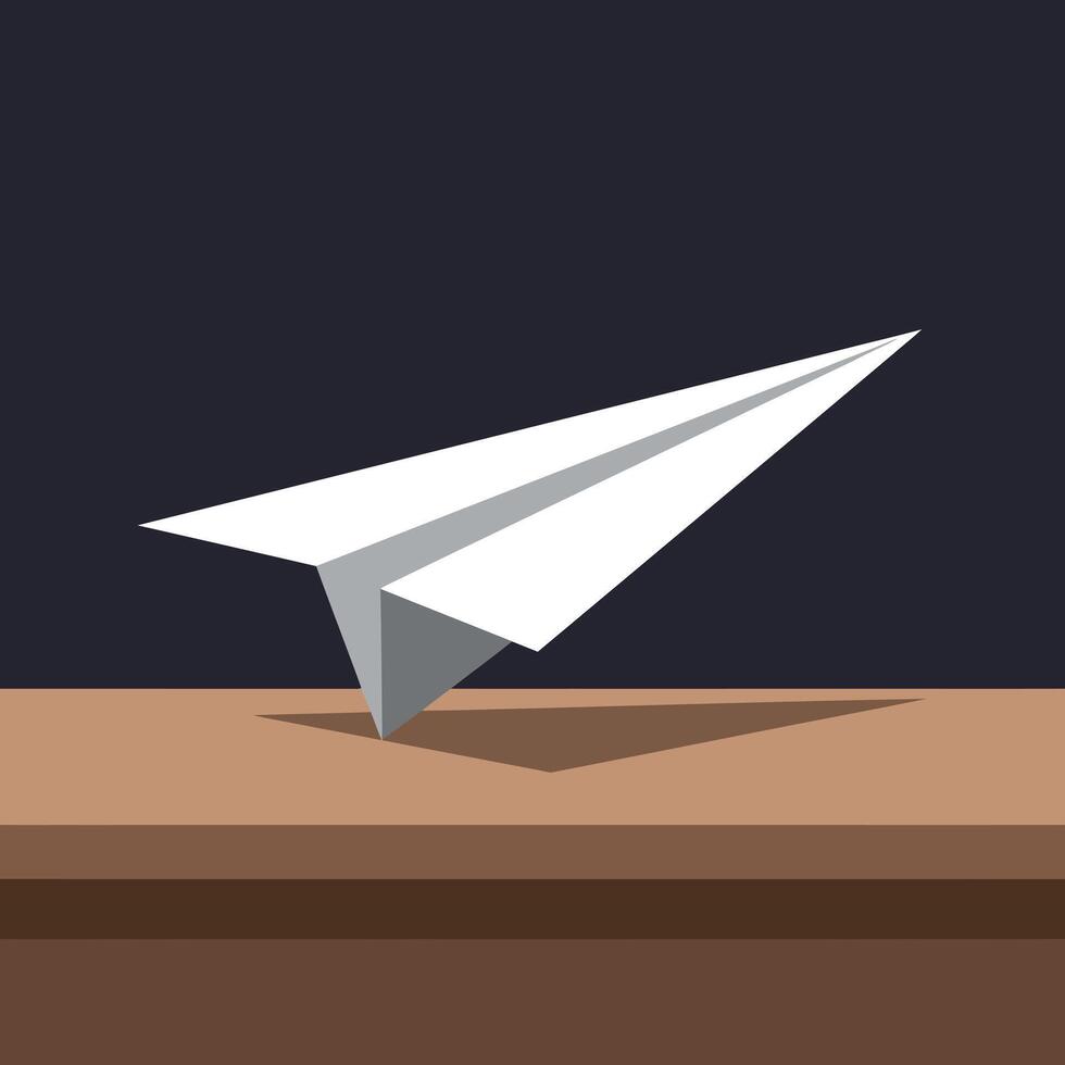 White paper airplane resting on wooden surface in minimal flat style with dark background art vector