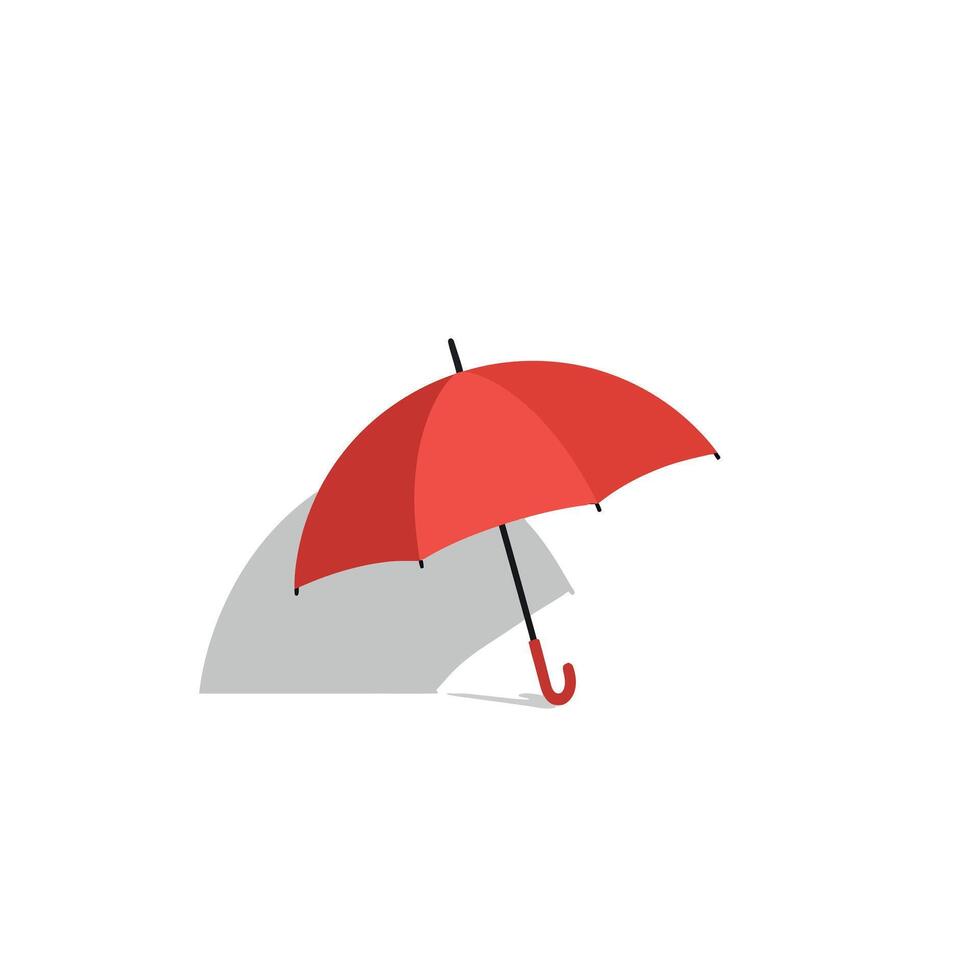 Red umbrella with curved handle casting shadow in minimal flat style illustration vector