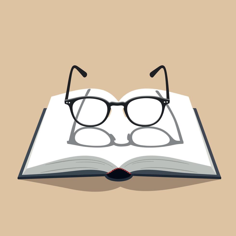 Open hardcover book with black framed eyeglasses resting inside minimal flat design art vector